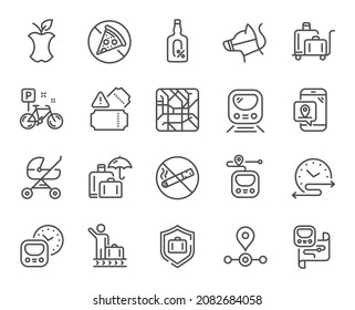 Underground line icons. Subway map, Station location, Metro rules. Dog on leash, Apple core, No smoking outline icons. Underground tickets, No alcohol drink, food at metro. Baby carriage place. Vector