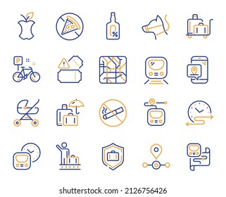 Underground line icons. Subway map, Station location, Metro rules. Dog on leash, Apple core, No smoking outline icons. Underground tickets, No alcohol drink, food at metro. Baby carriage place. Vector