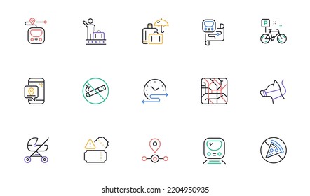 Underground line icons. Subway map, Station location, Metro rules. Dog on leash, Apple core, No smoking outline icons. Underground tickets, No alcohol drink, food at metro. Baby carriage place. Vector