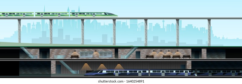 Underground metro on the background of the city. High-rise glass houses, residential buildings, cafes, school. Vector