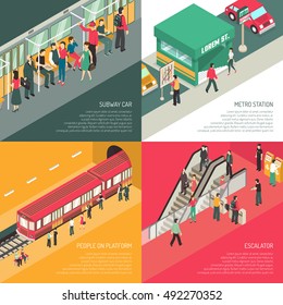 Underground metro subway station concept 4 isometric icons square with passengers on escalator and platform isolated vector illustration 