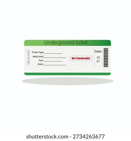 Underground metro ticket. Public, fast mode of transportation. Green ticket.