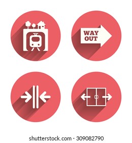 Underground metro train icon. Automatic door symbol. Way out arrow sign. Pink circles flat buttons with shadow. Vector