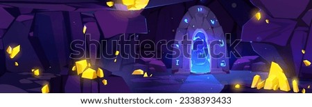Underground mine cave game cartoon illustration. Dark mountain cavern inside with yellow crystal and portal door. Fantasy dungeon tunnel with mysterious entrance to parallel place 2d level scene