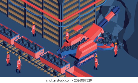 Underground mine crushing machinery ore removing transporting to surface miners in red uniform isometric composition vector illustration