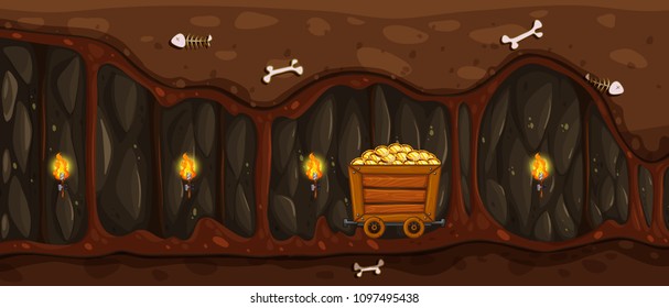 An Underground Mine and Gold Cart illustration