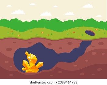 underground mine with gold nuggets. flat vector illustration.