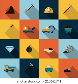 Underground mining mineral industry flat icons set isolated vector illustration