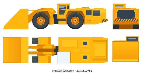 Underground Mining Trucks. Underground loader, excavator. Equipment for high-mining industry. Mining quarry, mine. View front, rear, side and top.