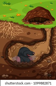 Underground mole in a tunnel illustration