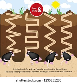 Underground moles want to choose outside. draw a pencil line. Game for kids magazine. Game for children. Learn and play. Development of writing skills in children. Educational vector illustration