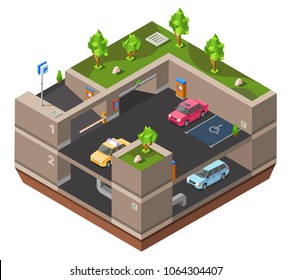 Underground multi-story car parking isometric 3D vector illustration for construction design. Isometric cars parked on underground parking lots garage with handicapped area, exit barrier and parkomat