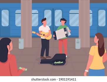 Underground music playing flat color vector illustration. Earning money with your favourite hobby. Songs near train. Street musicians 2D cartoon characters with transport on background