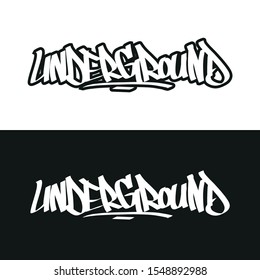 UNDERGROUND. Music. Subway. Hand drawn vector lettering. Music lettering sign. Banner, postcard, poster, stickers, tag. Vector illustration.