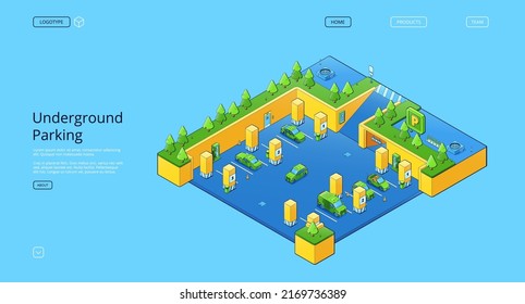 Underground parking banner with isometric basement garage with cars, lots, columns and charger stations for electric vehicles. Vector landing page of auto parking in mall or city house