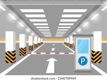 Underground Parking with Barrier. Parking lots or Car Parking Space with Car or Empty Parking Zone Underground. Vector Illustration.