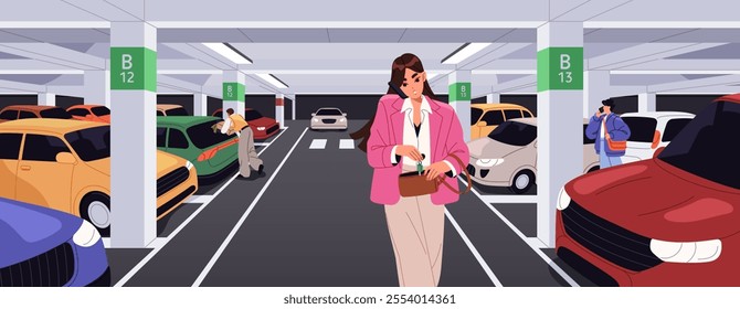 Underground parking for cars with columns. Garage for lots of automobiles, transport in basement of shopping mall. Business woman goes from auto park, put keys in bag. Flat vector illustration.