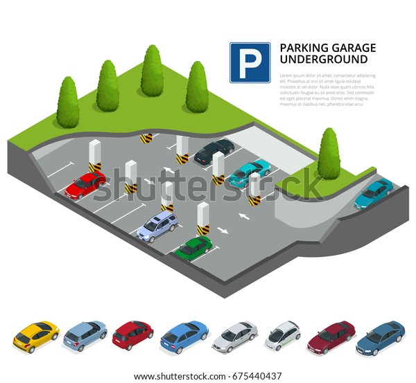 Underground parking with cars. Indoor\
car park. Urban car parking service. Flat 3d isometric vector\
illustration for infographic. Isometric car. Isometric\
vehicles