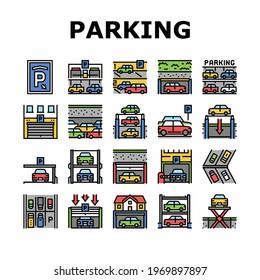 Underground Parking Collection Icons Set Vector. Underground Multilevel Parking Building, Barrier And Automatical Gate, Elevator Lifting Transport Concept Linear Pictograms. Contour Illustrations