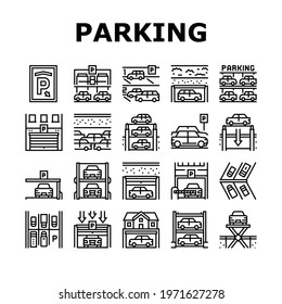 Underground Parking Collection Icons Set Vector. Underground Multilevel Parking Building, Barrier And Automatical Gate, Elevator Lifting Transport Black Contour Illustrations