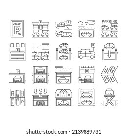 Underground Parking Collection Icons Set Vector. Underground Multilevel Parking Building, Barrier And Automatical Gate, Elevator Lifting Transport Black Contour Illustrations