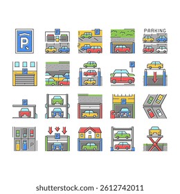Underground Parking Collection Icons Set Vector. Underground Multilevel Parking Building, Barrier And Automatical Gate, Elevator Lifting Transport Concept Linear Pictograms. Contour Illustrations