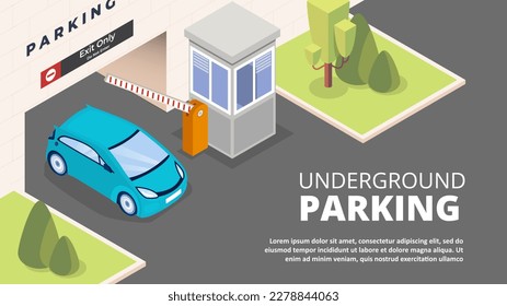 Underground parking concept. Car leaves store building. City infrastructure. Barrier gate with arm operators. Parking payment station, access control. Cartoon isometric vector illustration