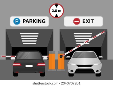 Tiefgarage mit Barrier. Parkplatz oder Parkplatz. Vektorgrafik. 