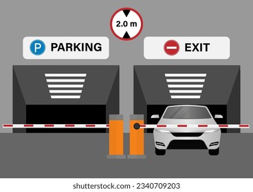 Underground Parking Entrance with Barrier. Parking lots or Car Parking Space. Vector Illustration. 