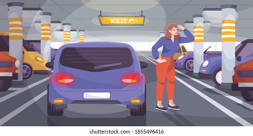 Underground parking flat composition with doodle character of driver looking for free slot among parked cars vector illustration