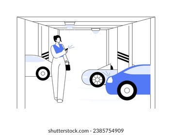 Underground parking garage abstract concept vector illustration. Young woman locks her car in underground parking garage, personal transport owner, basement building abstract metaphor.