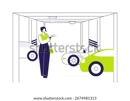 Underground parking garage abstract concept vector illustration. Young woman locks her car in underground parking garage, personal transport owner, basement building abstract metaphor.