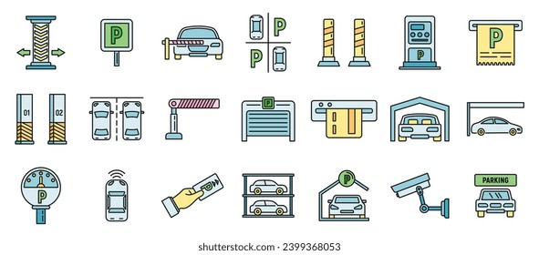 Underground parking garage icons set. Outline set of underground parking garage vector icons thin line color flat on white