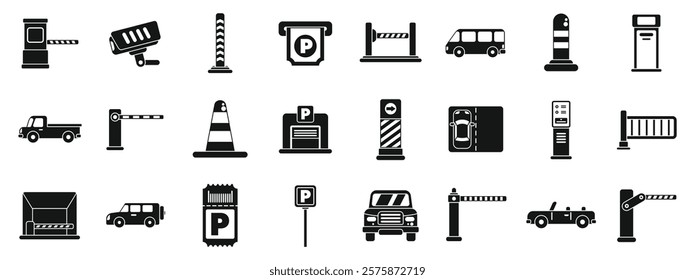 Underground parking lot icons set. Parking area icons depict various elements of parking management, including entry and exit barriers, security measures, payment methods, and vehicle types