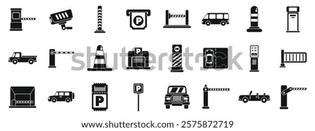 Underground parking lot icons set. Parking area icons depict various elements of parking management, including entry and exit barriers, security measures, payment methods, and vehicle types