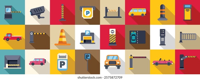 Underground parking lot icons set. Parking icons depict various elements related to parking management, access control, and security measures in parking areas