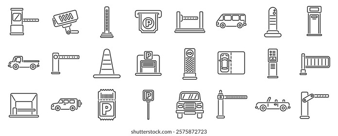 Underground parking lot icons set. Parking icons depict cars, trucks, and vans using parking facilities, emphasizing security, access control, and payment