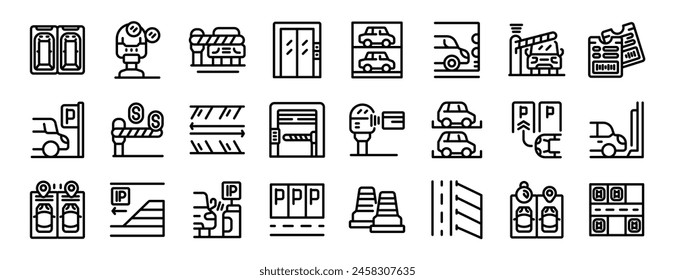 Underground parking lot icons set outline vector. Urban garage. City house