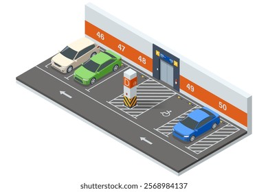 Underground parking illustration with numbered slots and dedicated handicapped parking spaces. A secure and organized isometric layout