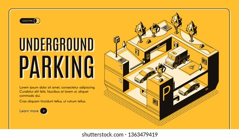 Underground parking service isometric vector web banner. Different types of cars left in city public garage, shared parking facility line art illustration. Urban infrastructure element landing page
