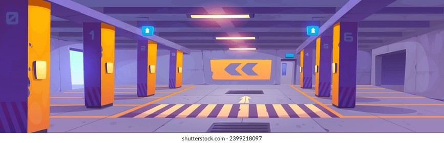 Underground parking in shopping mall. Vector cartoon illustration of basement garage in house, places for autos marked with numbers, crossing sign on ground, exit arrows showing direction, shelter