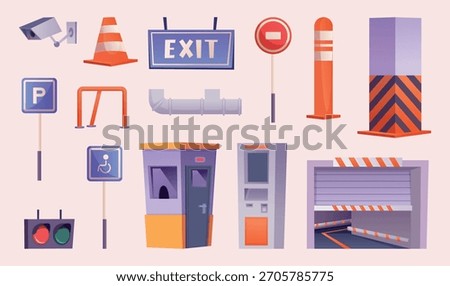 Underground parking. Signs sidewalks barriers and traffic lights for cars exact vector collection