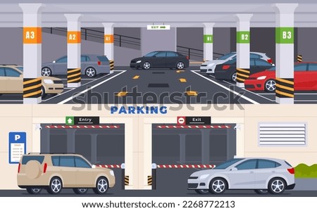 Underground parking for parking vehicles in the city. Compact car parking in supermarkets, high-rise buildings. Vector illustration