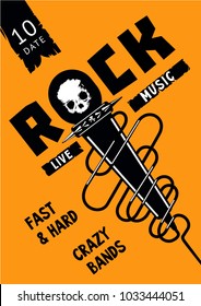 Underground party. Rock poster template with microphone and skull.