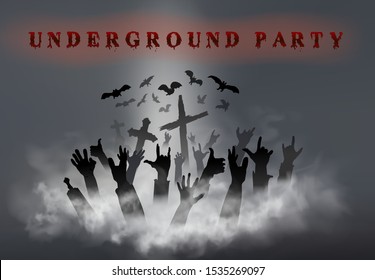 The underground party. A lot of zombie's hands up above the realistic smoke clouds. The celebration of the halloween night in the undead world. Vector illustration.
