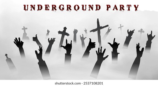 The underground party. A lot of zombie's hands up above the realistic fog clouds. The celebration of the halloween night in the undead world. Vector illustration.
