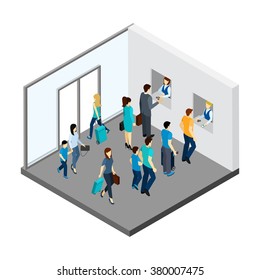 Underground people with luggage and queue for tickets isometric vector illustration 