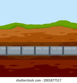 Underground pipeline. Sewer and water supply pipe. Sewage system. Oil pipeline in ground. Nature and soil. Flat illustration