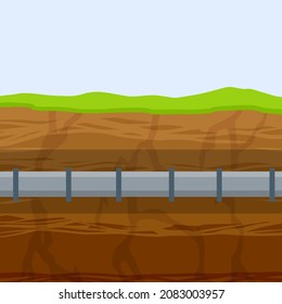 Underground pipeline. Sewer and water supply pipe. Sewage system. Oil pipeline in ground. Nature and soil. Flat illustration