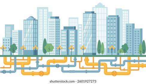 Underground pipelines. City engineering network. Gas pipes, water supply, sewerage, electrical networks. Vector  illustration 